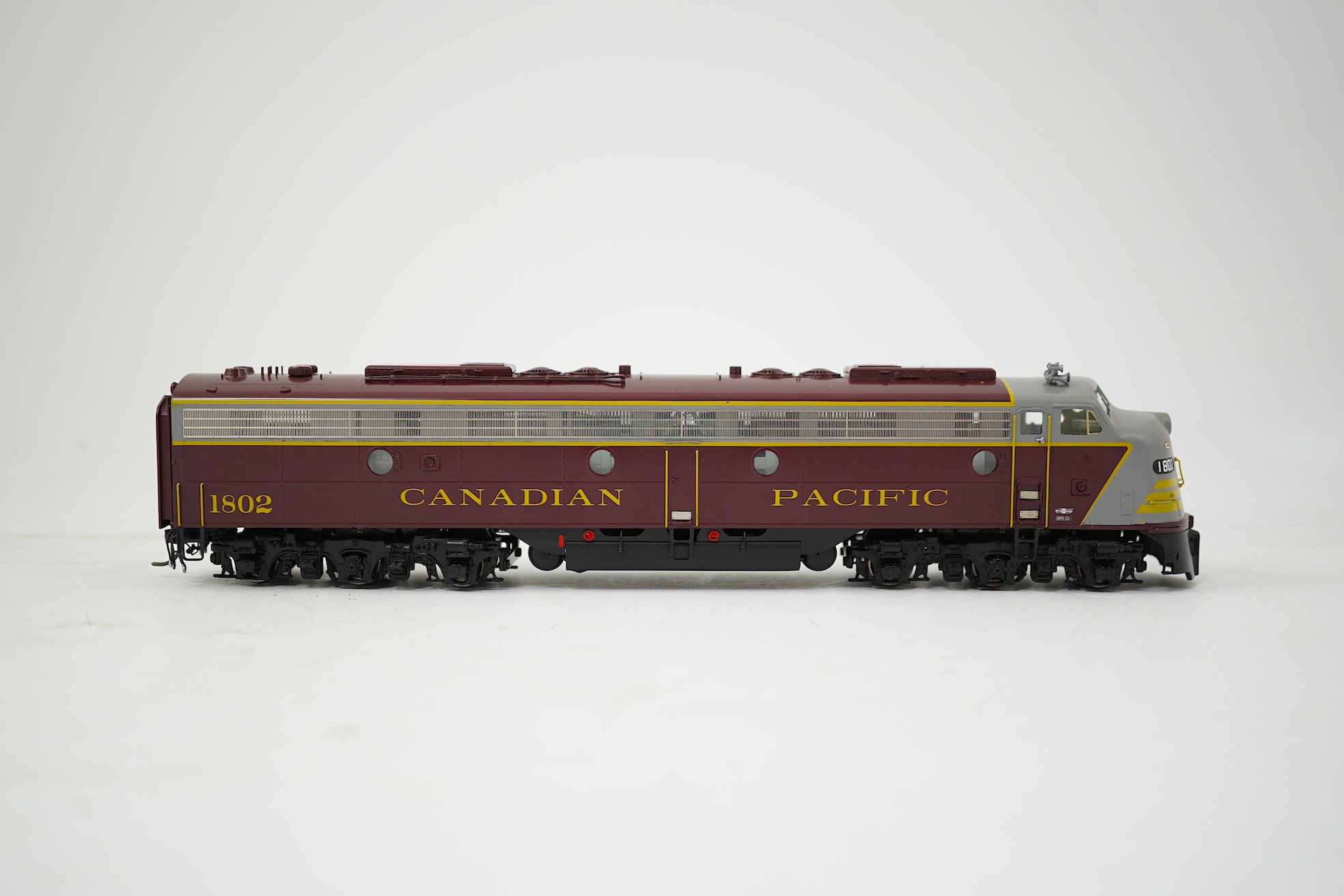 A boxed HO gauge Overland Models Inc. model of Canadian Pacific Railway E8A, 1802, Co-Co diesel locomotive, powered for two rail operation.